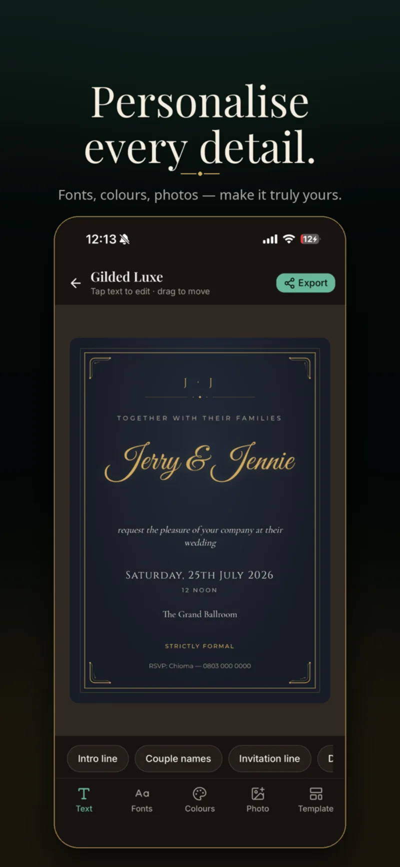 Editing an invitation card in the Elite Planner app