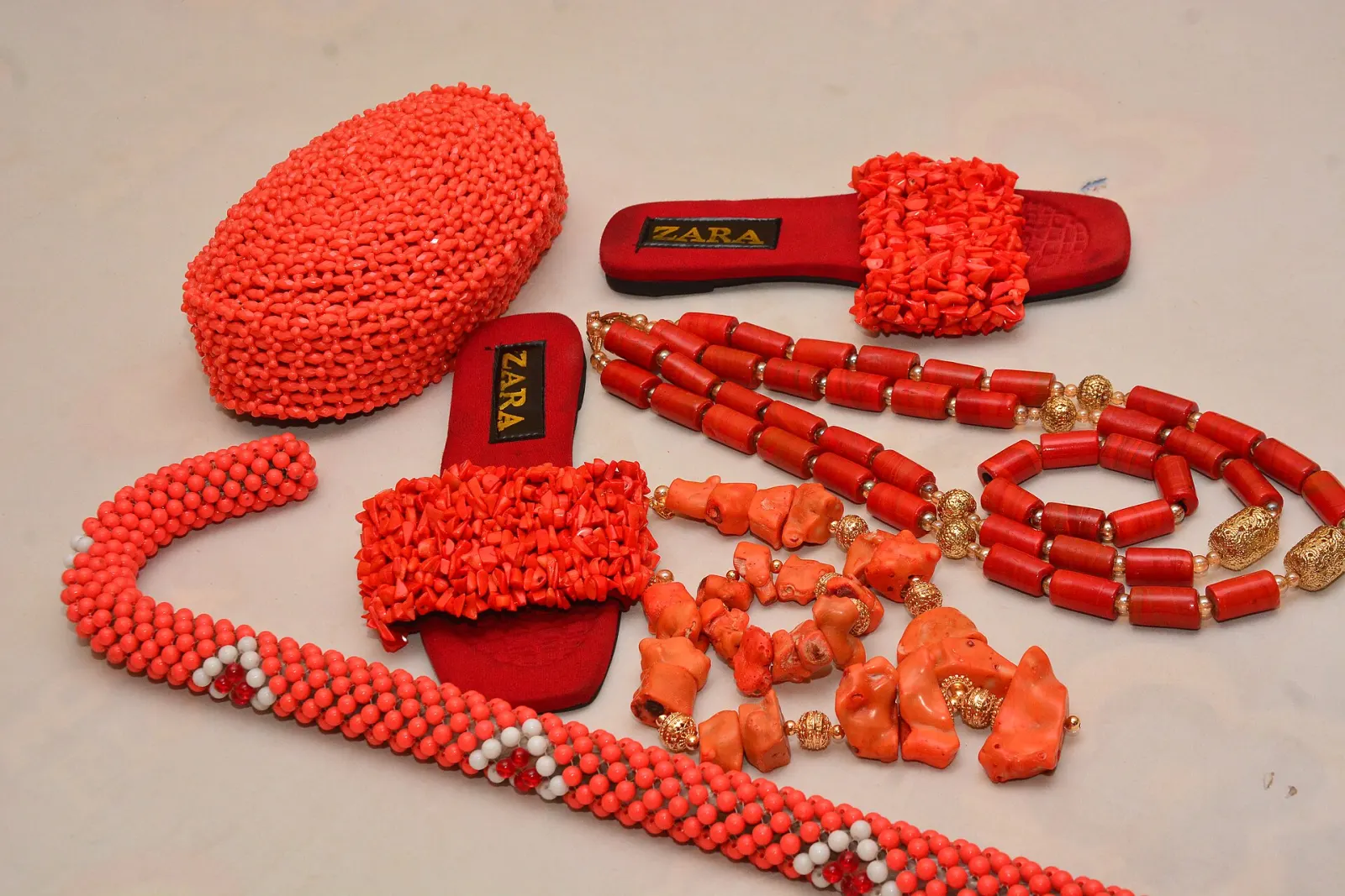 Traditional coral and glass beads worn at Nigerian weddings